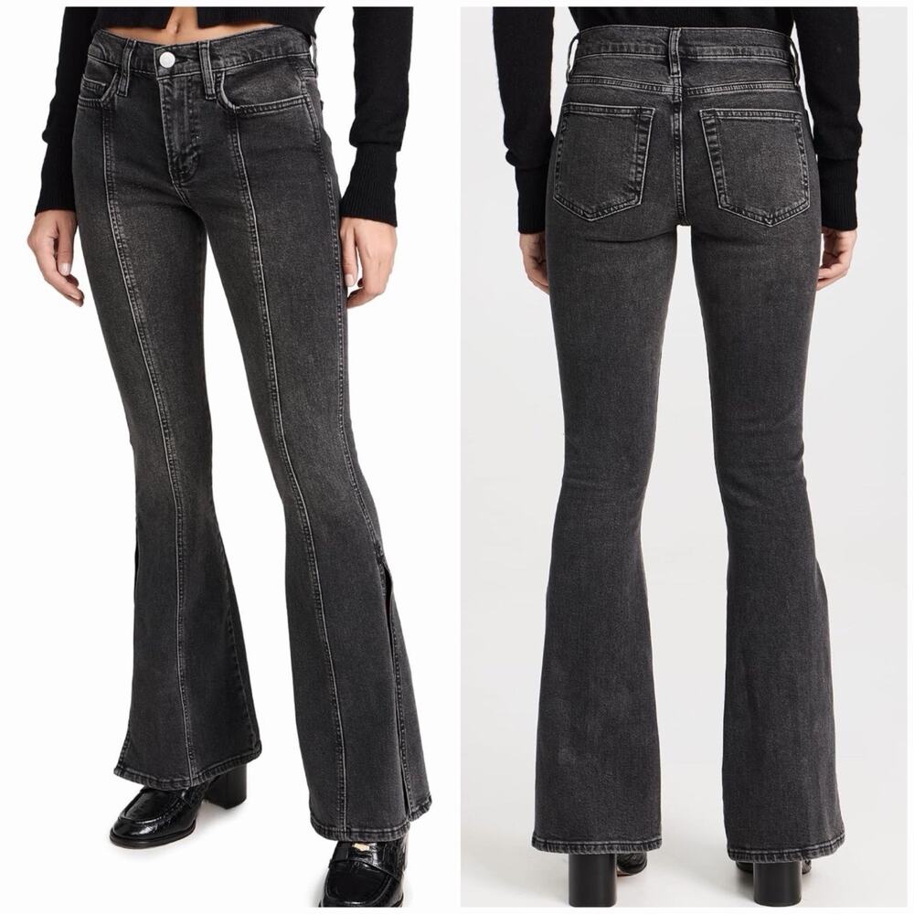 FRAME Le High Flare Jeans 24 Obsidian Clean Black Wash Split Hem Stretch